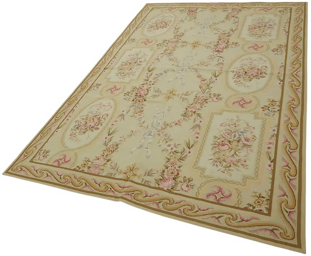 Needlepoint Bej Pamuk Üzerine Yün El Dokuma Halı-177x277 - Görsel 3