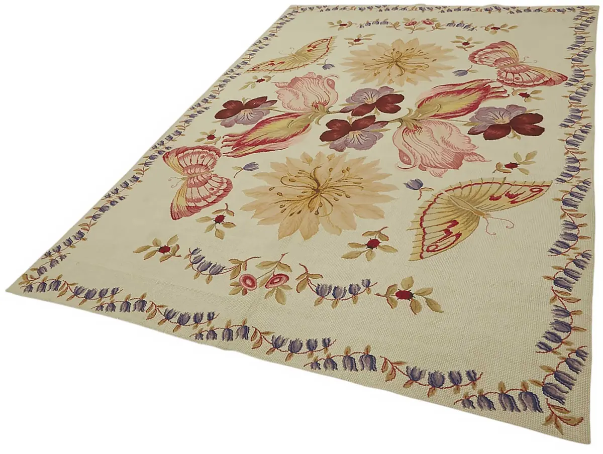 Needlepoint Bej Pamuk Üzerine Yün El Dokuma Halı-178x270 - Görsel 3