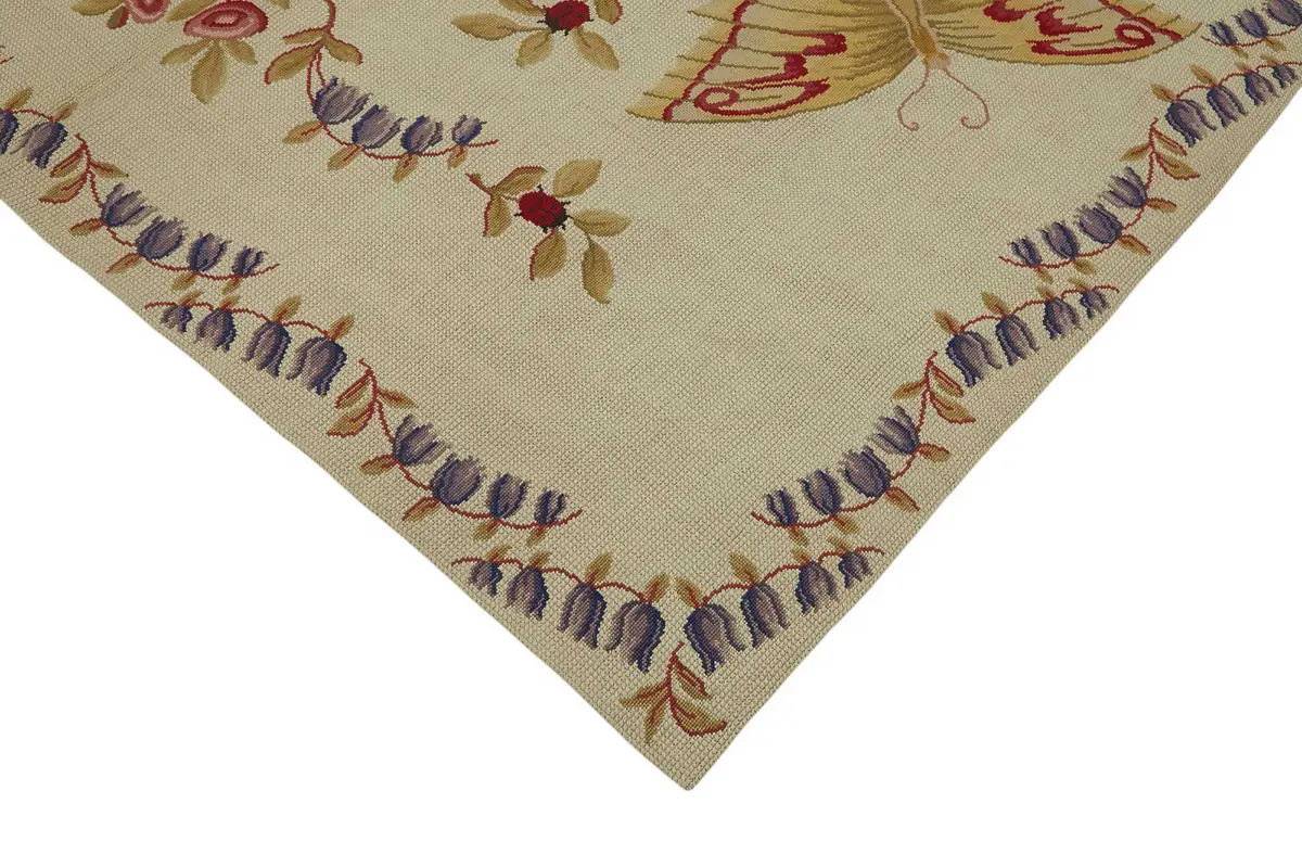 Needlepoint Bej Pamuk Üzerine Yün El Dokuma Halı-178x270 - Görsel 4