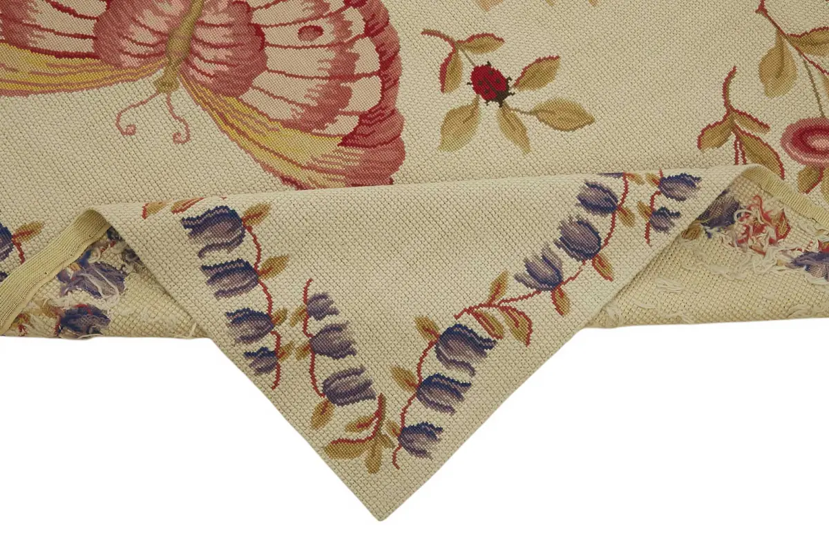 Needlepoint Bej Pamuk Üzerine Yün El Dokuma Halı-178x270 - Görsel 6