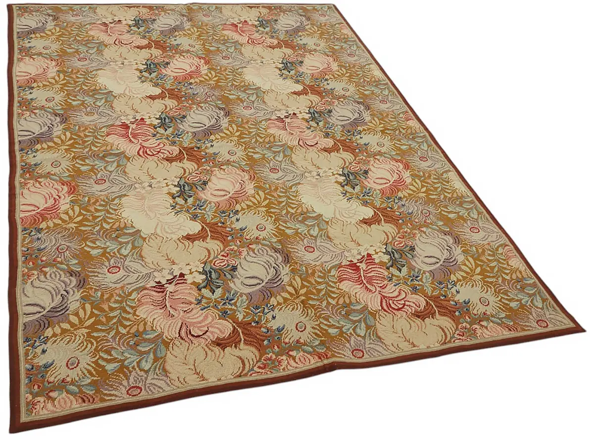 Needlepoint Bej Pamuk Üzerine Yün El Dokuma Halı-152x210 - Görsel 2