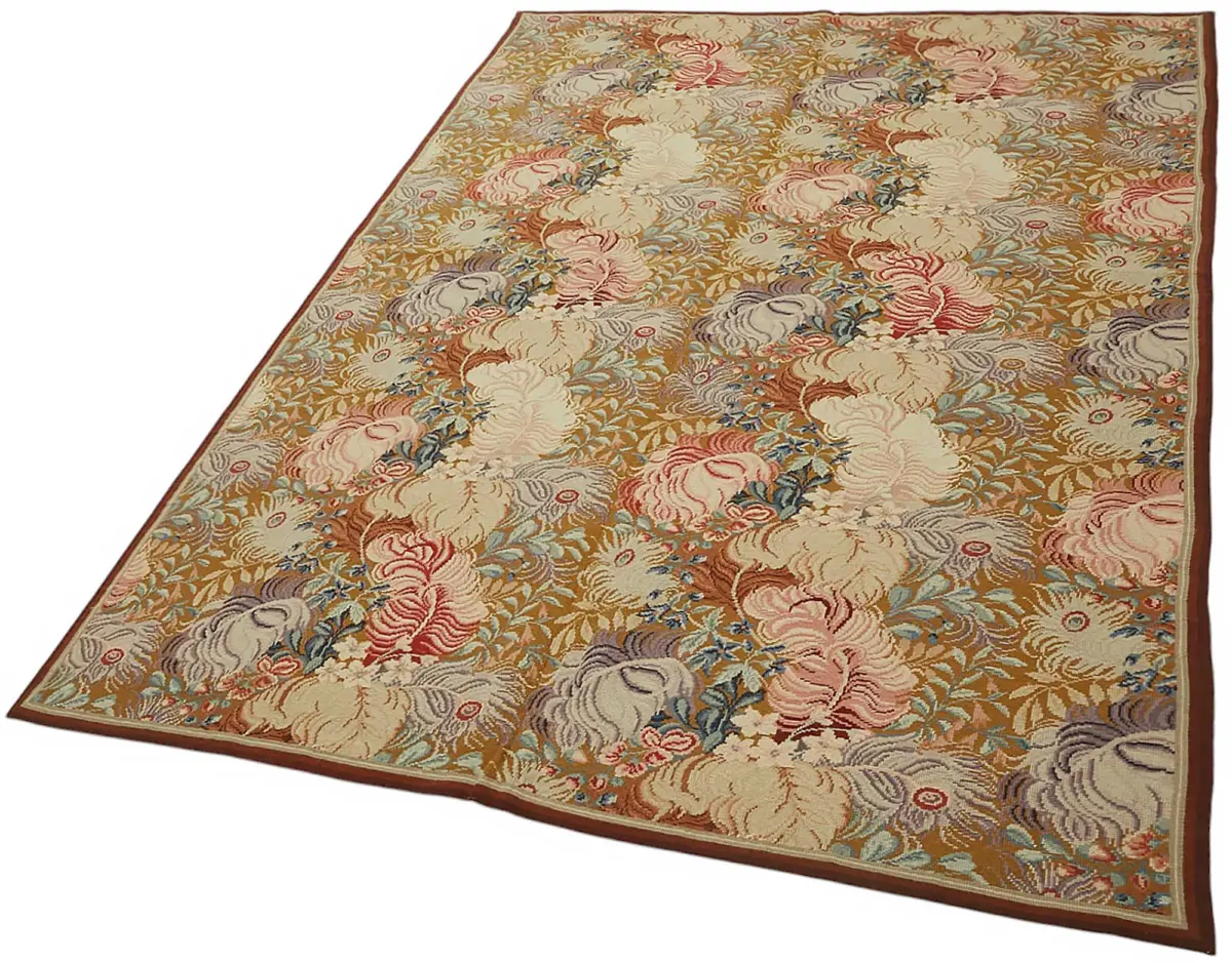 Needlepoint Bej Pamuk Üzerine Yün El Dokuma Halı-152x210 - Görsel 3