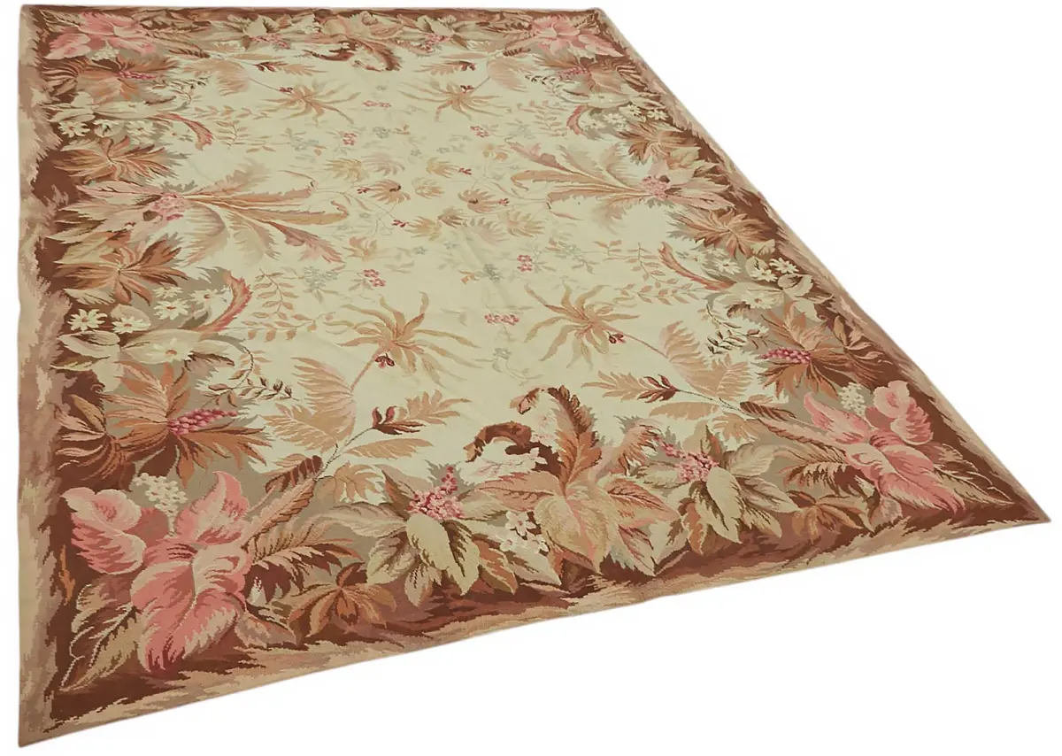 Needlepoint Bej Pamuk Üzerine Yün El Dokuma Halı-184x263 - Görsel 2