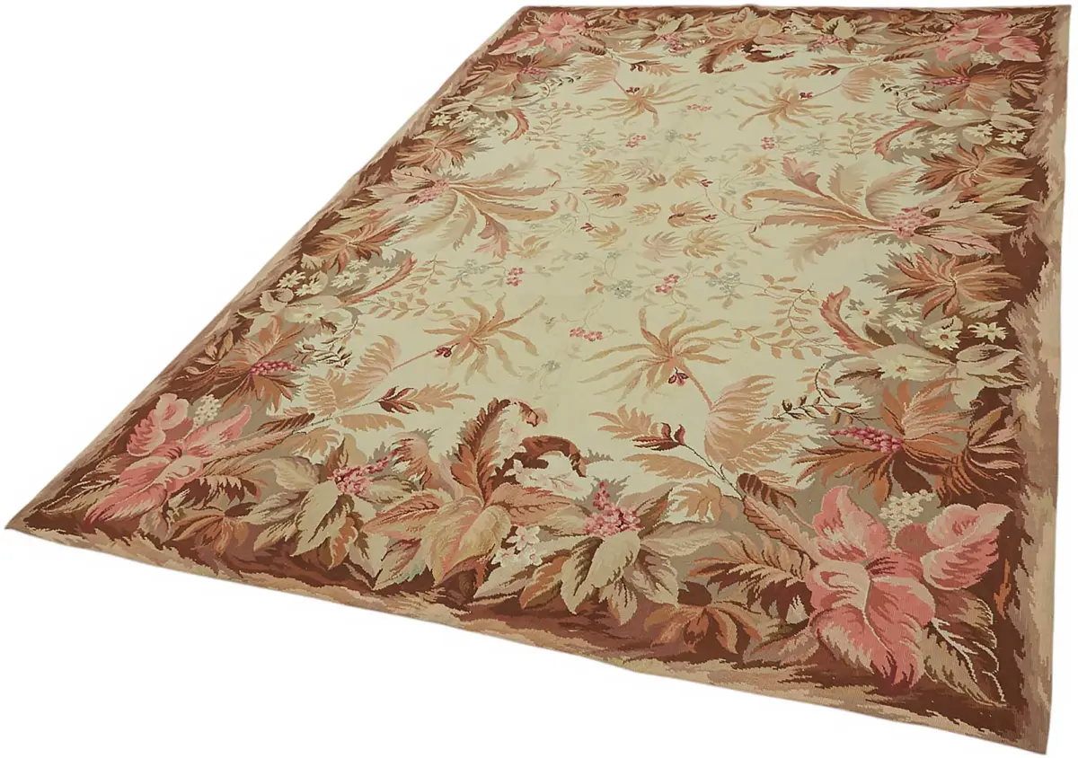 Needlepoint Bej Pamuk Üzerine Yün El Dokuma Halı-184x263 - Görsel 3