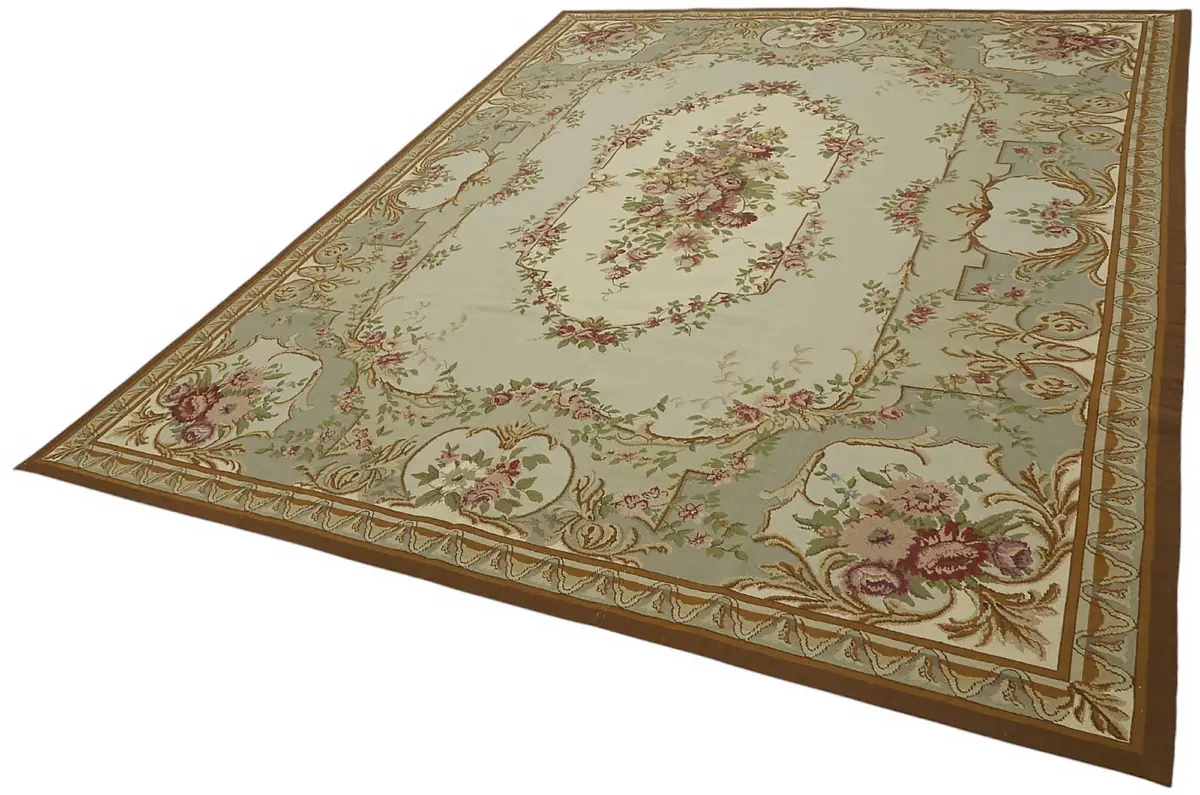 Needlepoint Bej Pamuk Üzerine Yün El Dokuma Halı-243x302 - Görsel 3