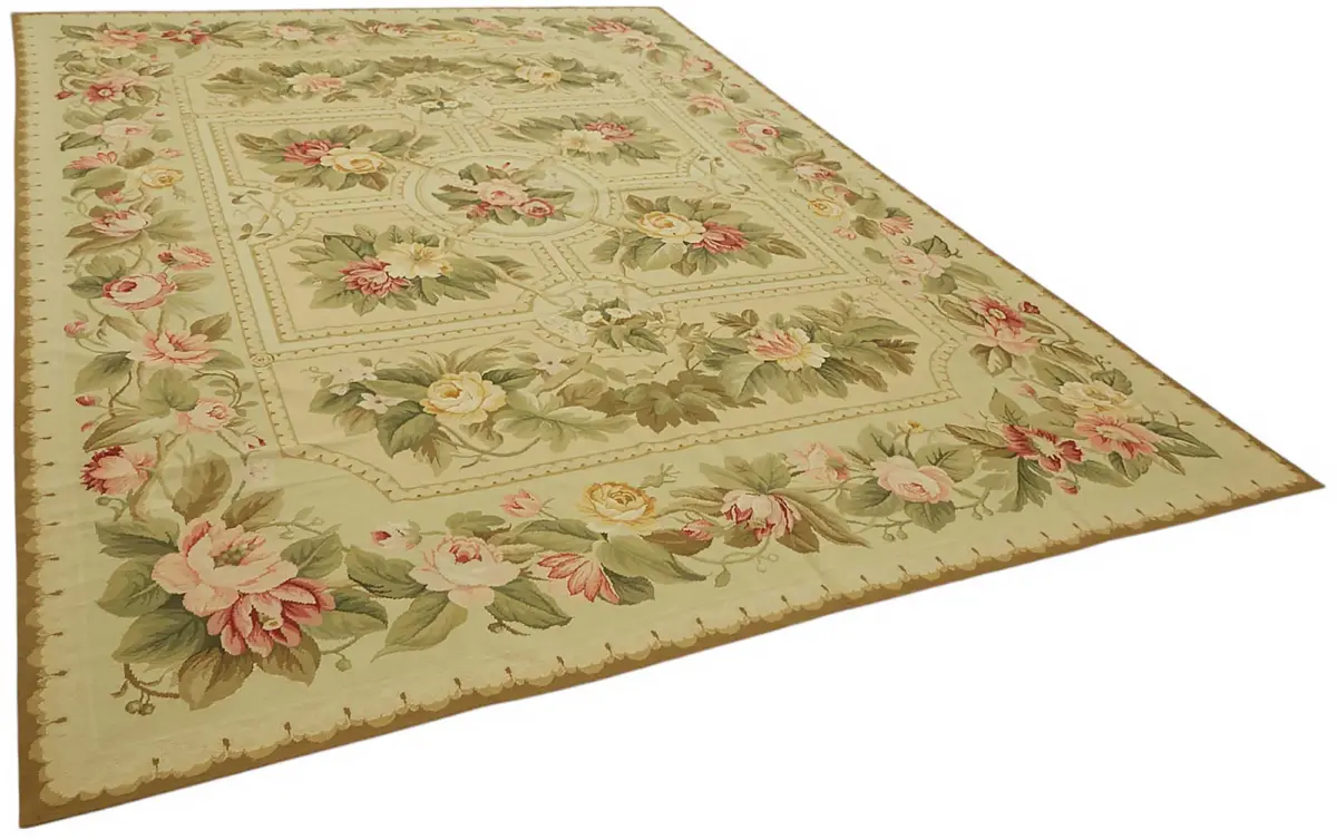 Needlepoint Bej Pamuk Üzerine Yün El Dokuma Halı-270x352 - Görsel 2