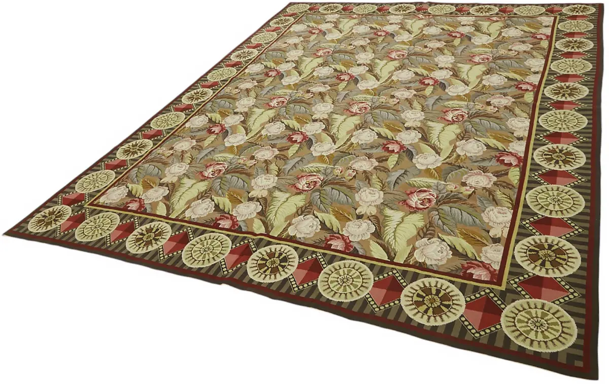 Needlepoint Bej Pamuk Üzerine Yün El Dokuma Halı-243x304 - Görsel 3