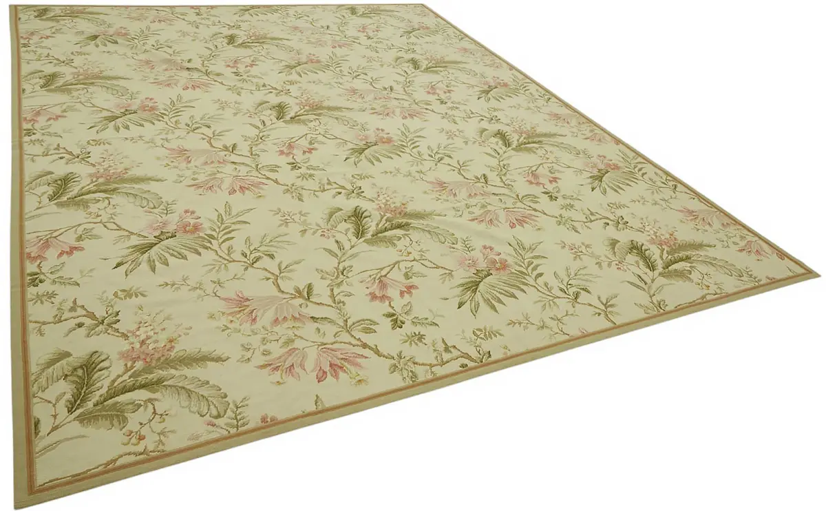 Needlepoint Bej Pamuk Üzerine Yün El Dokuma Halı-279x357 - Görsel 2