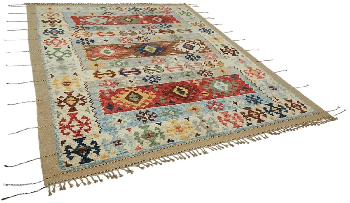 Tribal Modern Dizayn Bej Pamuk Üzerine Yün El Dokuma Halı-255x321 - Görsel 2