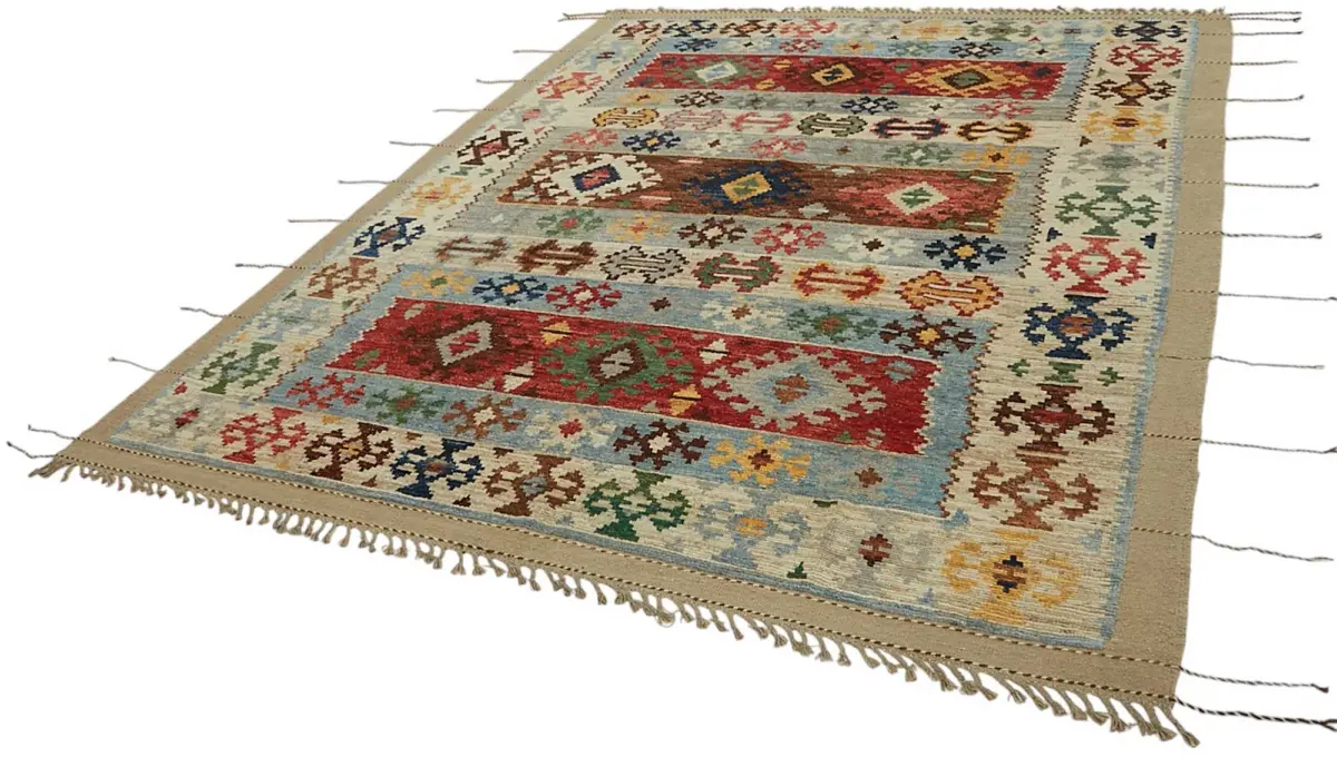 Tribal Modern Dizayn Bej Pamuk Üzerine Yün El Dokuma Halı-255x321 - Görsel 3