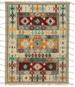 Tribal Modern Dizayn Bej Pamuk Üzerine Yün El Dokuma Halı-289x370