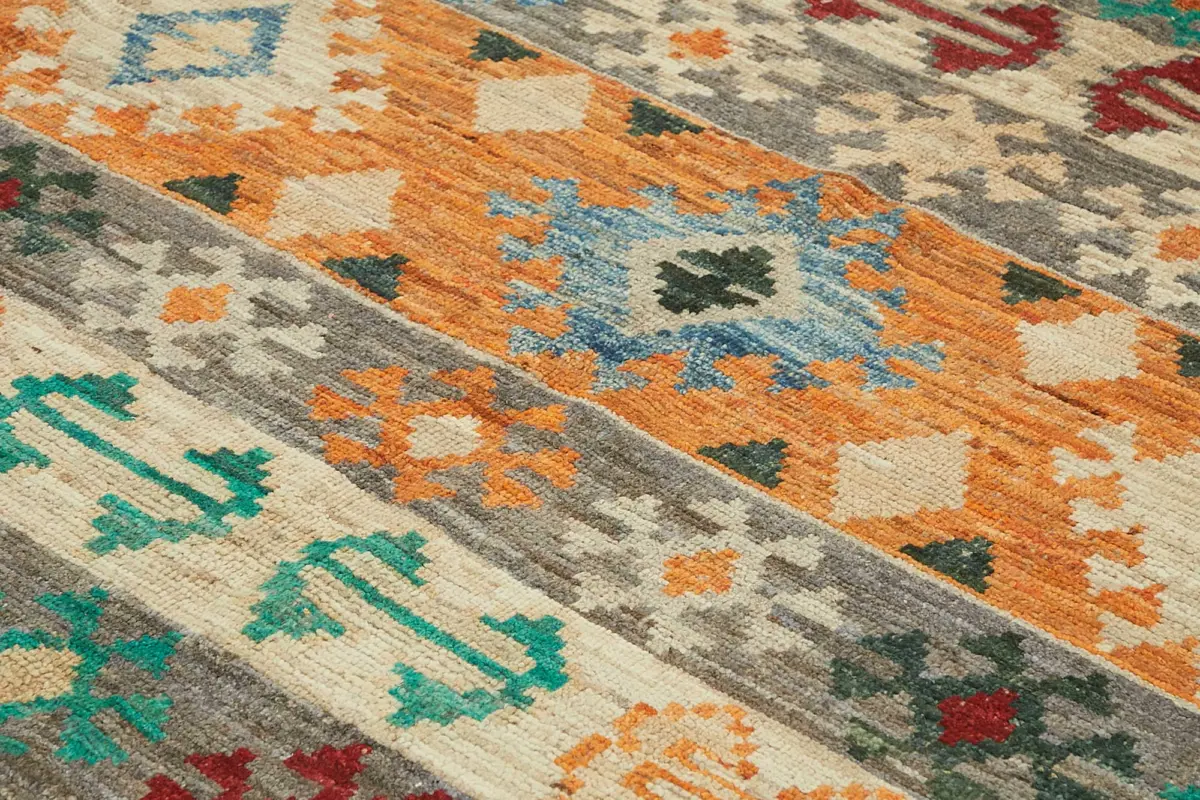 Tribal Modern Dizayn Bej Pamuk Üzerine Yün El Dokuma Halı-289x370 - Görsel 5