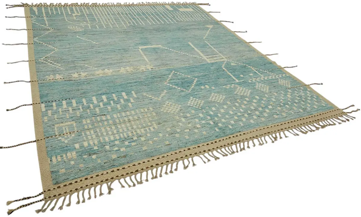 Tribal Modern Dizayn Mavi Pamuk Üzerine Yün El Dokuma Halı-258x314 - Görsel 2