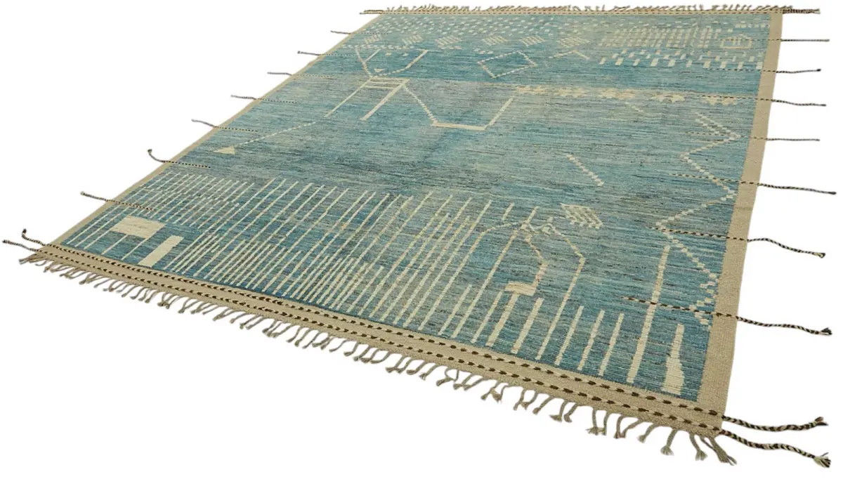 Tribal Modern Dizayn Mavi Pamuk Üzerine Yün El Dokuma Halı-258x314 - Görsel 3