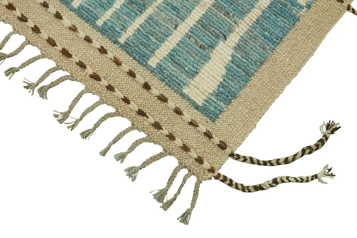 Tribal Modern Dizayn Mavi Pamuk Üzerine Yün El Dokuma Halı-258x314 - Görsel 4