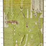 Tribal Modern Dizayn Yeşil Pamuk Üzerine Yün El Dokuma Halı-280x374