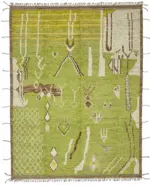 Tribal Modern Dizayn Yeşil Pamuk Üzerine Yün El Dokuma Halı-280x374