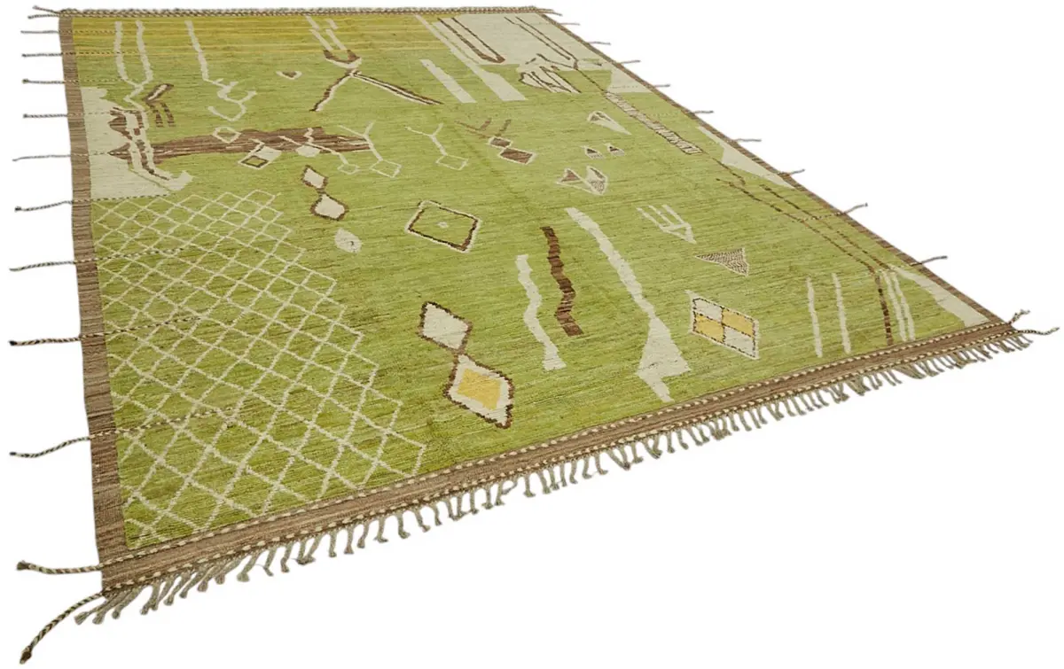 Tribal Modern Dizayn Yeşil Pamuk Üzerine Yün El Dokuma Halı-280x374 - Görsel 2
