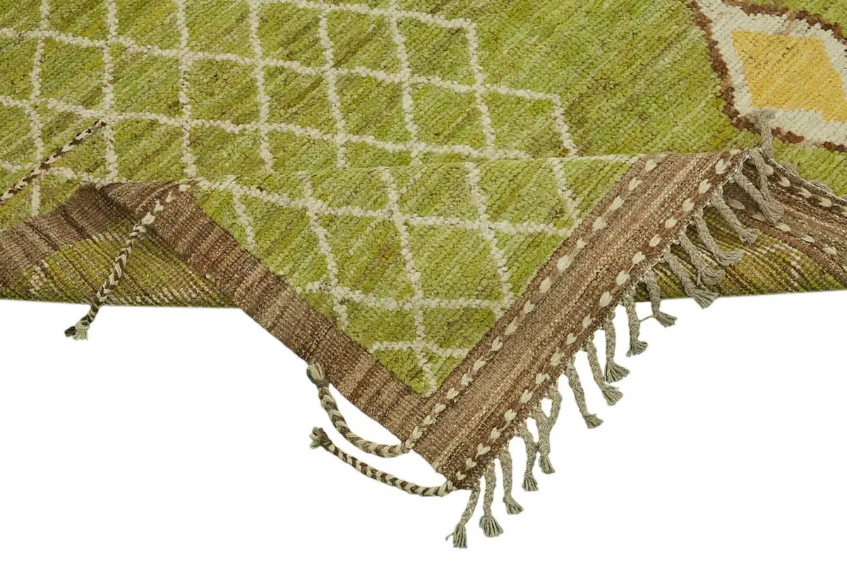Tribal Modern Dizayn Yeşil Pamuk Üzerine Yün El Dokuma Halı-280x374 - Görsel 6