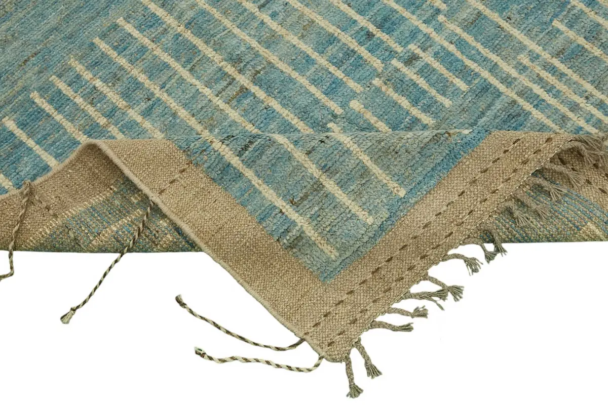 Tribal Modern Dizayn Mavi Pamuk Üzerine Yün El Dokuma Halı-283x376 - Görsel 6