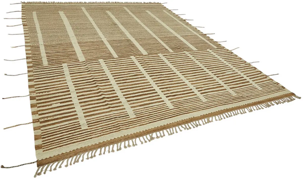 Tribal Modern Dizayn Bej Pamuk Üzerine Yün El Dokuma Halı-280x369 - Görsel 2