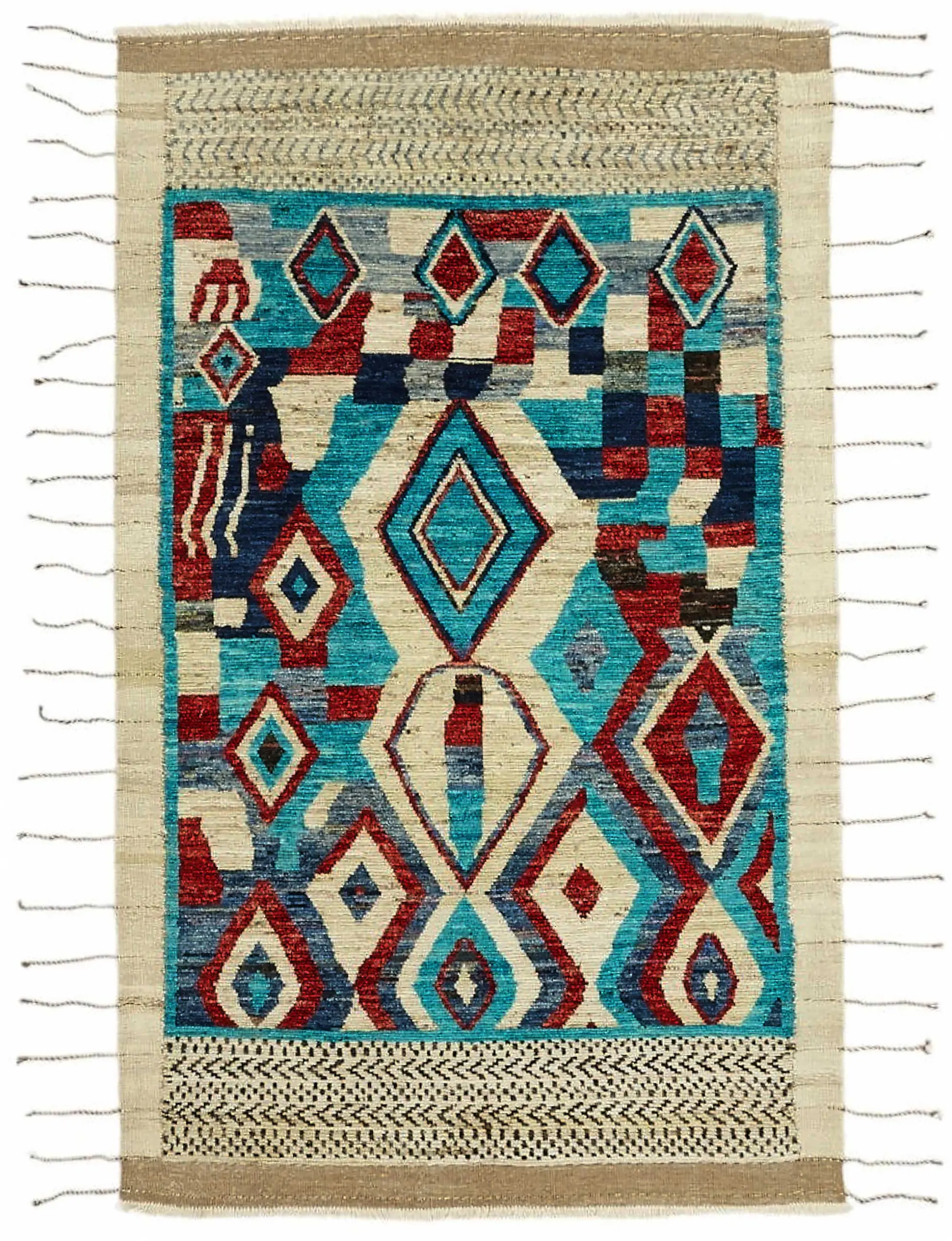 Tribal Modern Dizayn Multi Pamuk Üzerine Yün El Dokuma Halı-154x259 - Görsel 1