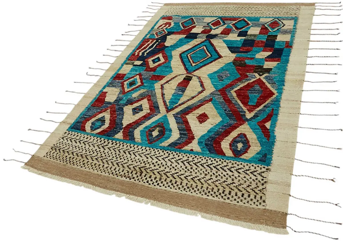 Tribal Modern Dizayn Multi Pamuk Üzerine Yün El Dokuma Halı-154x259 - Görsel 3