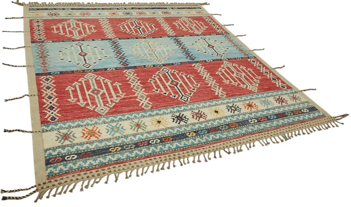 Tribal Modern Dizayn Multi Pamuk Üzerine Yün El Dokuma Halı-254x302 - Görsel 2