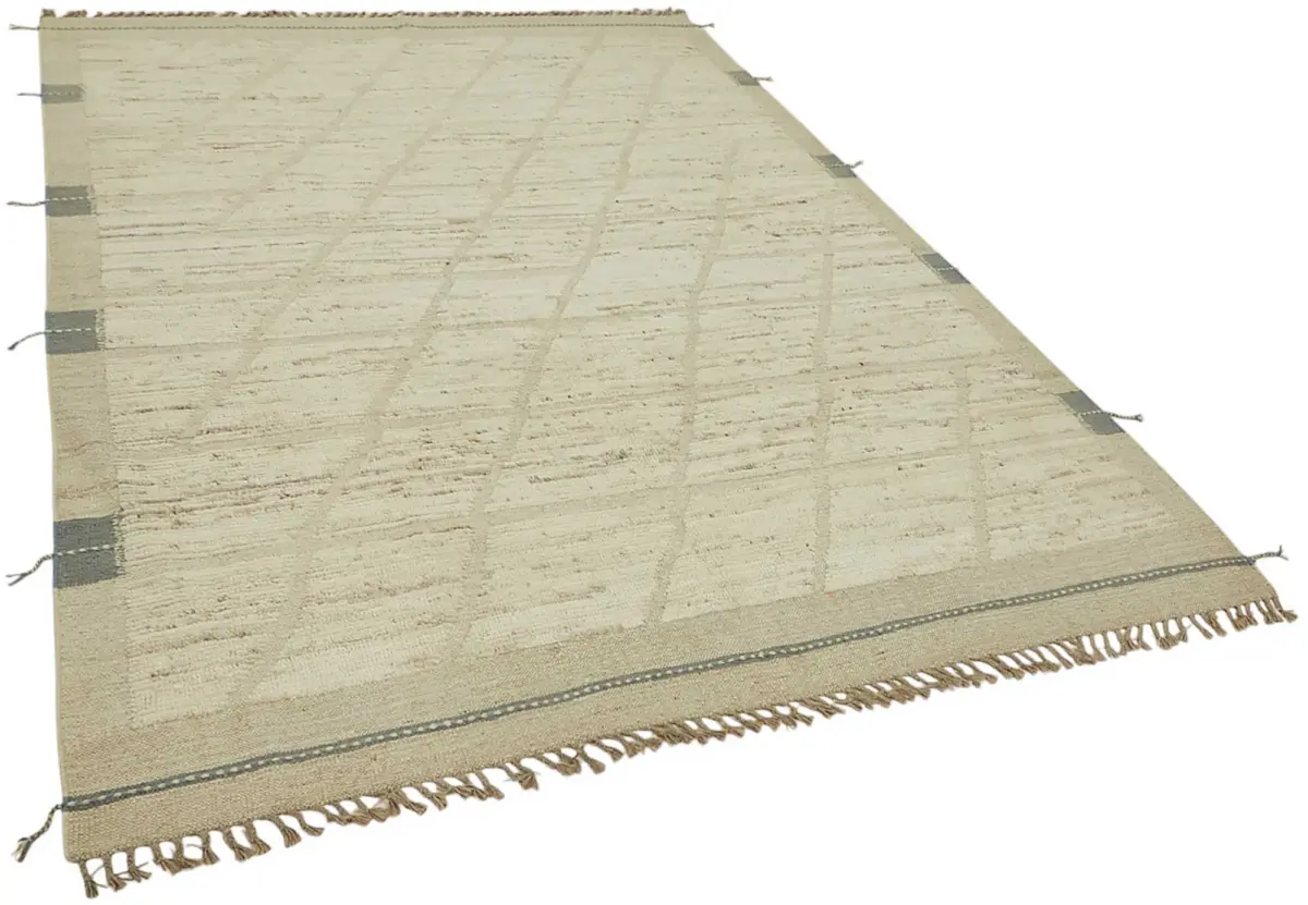 Tribal Modern Dizayn Bej Pamuk Üzerine Yün El Dokuma Halı-201x295 - Görsel 2