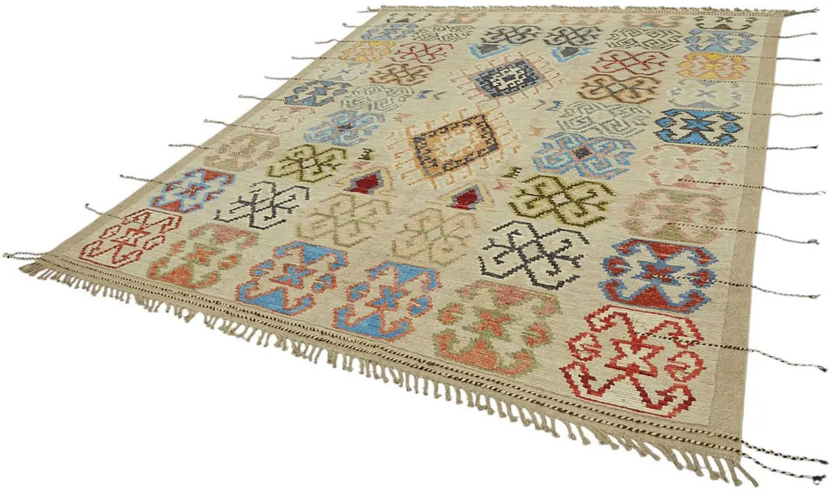 Tribal Modern Dizayn Multi Pamuk Üzerine Yün El Dokuma Halı-251x301 - Görsel 3