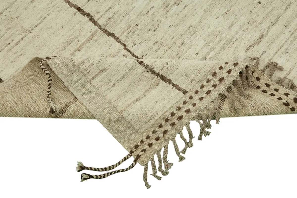 Tribal Modern Dizayn Bej Pamuk Üzerine Yün El Dokuma Halı-257x301 - Görsel 6