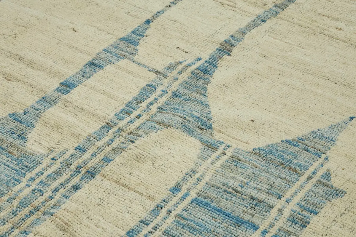 Tribal Modern Dizayn Mavi Pamuk Üzerine Yün El Dokuma Halı-212x311 - Görsel 5