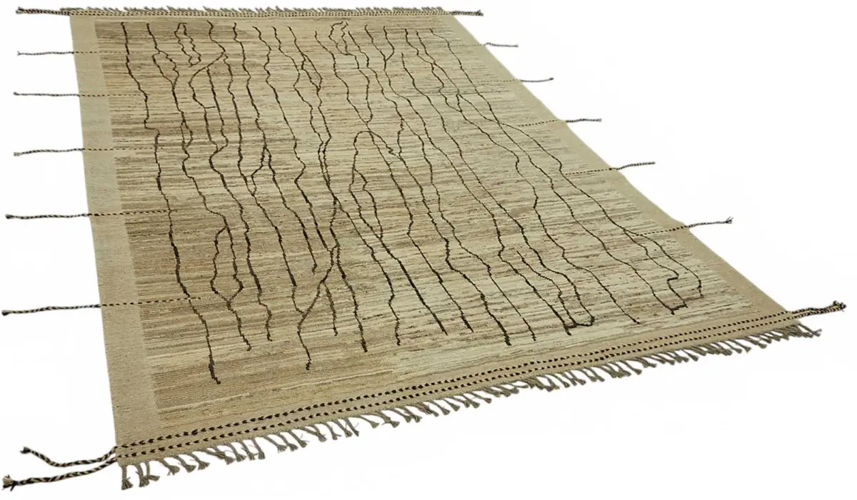 Tribal Modern Dizayn Bej Pamuk Üzerine Yün El Dokuma Halı-222x303 - Görsel 2