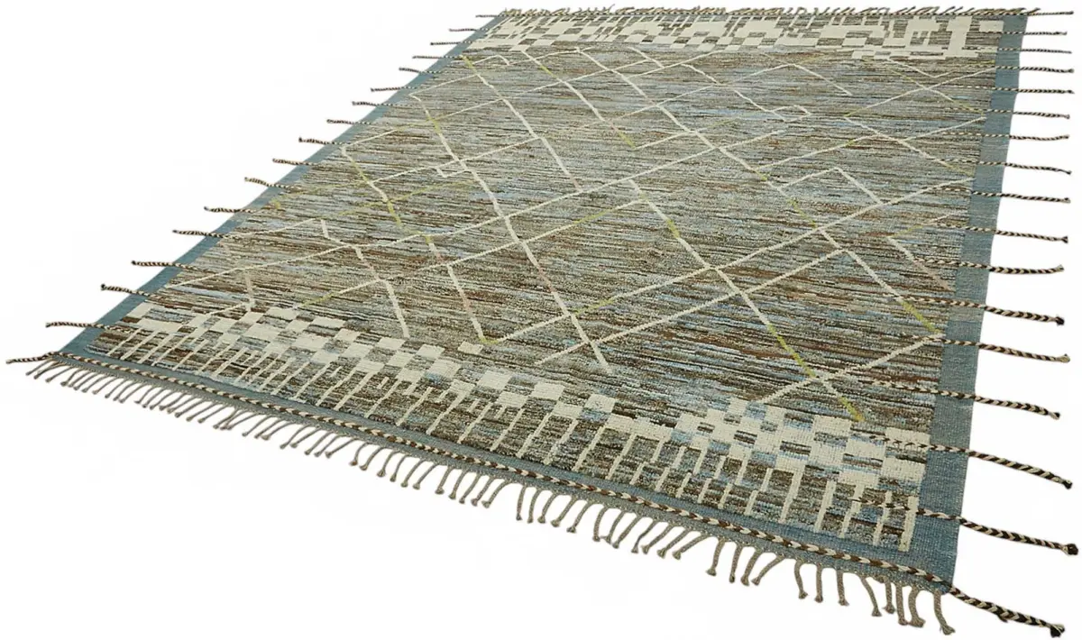 Tribal Modern Dizayn Mavi Pamuk Üzerine Yün El Dokuma Halı-258x304 - Görsel 3