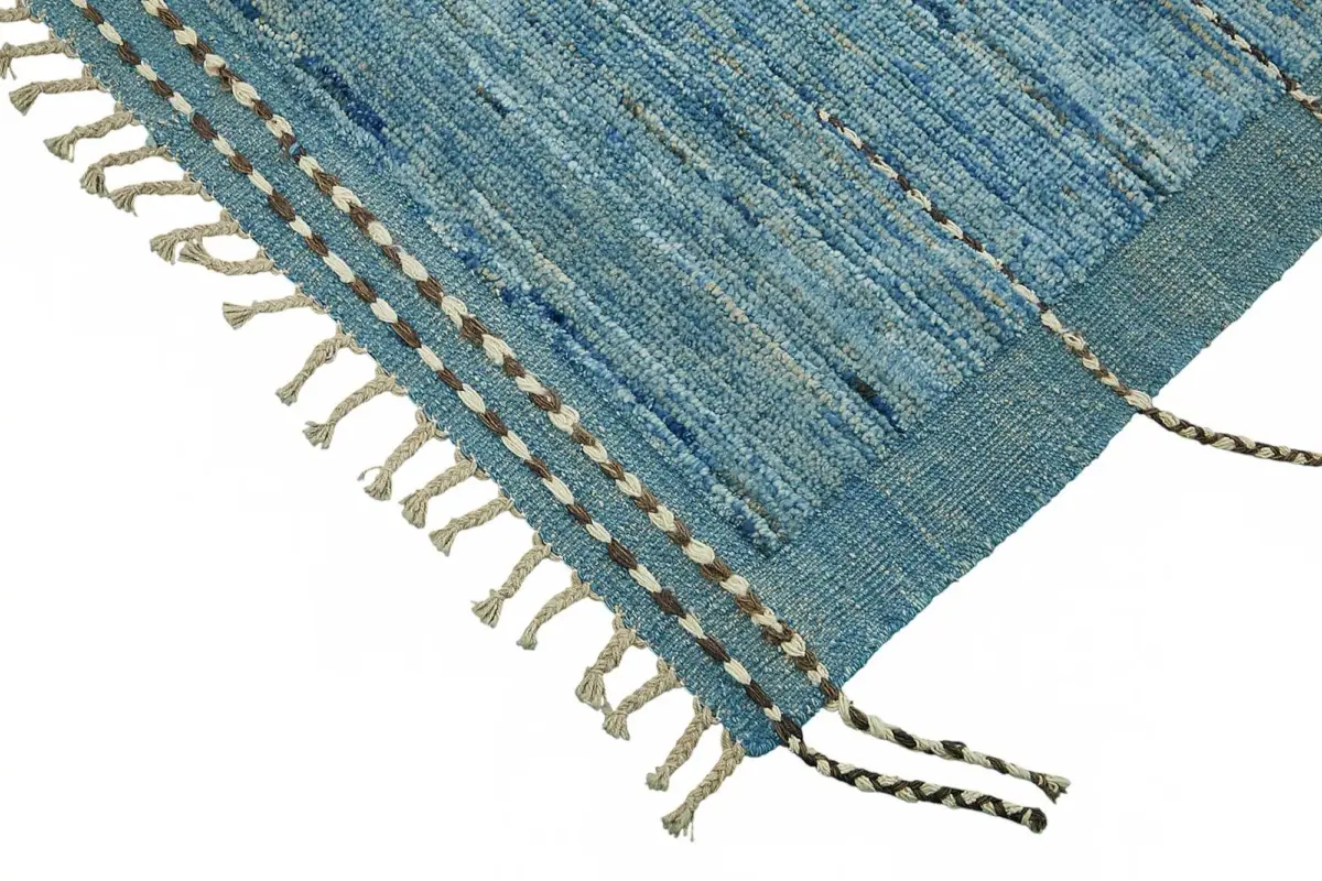 Tribal Modern Dizayn Mavi Pamuk Üzerine Yün El Dokuma Halı-249x304 - Görsel 4