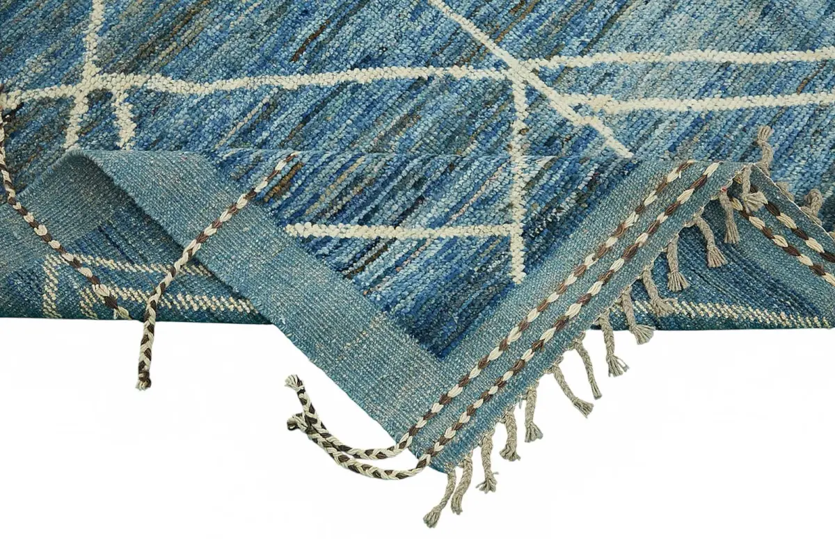 Tribal Modern Dizayn Mavi Pamuk Üzerine Yün El Dokuma Halı-249x304 - Görsel 6