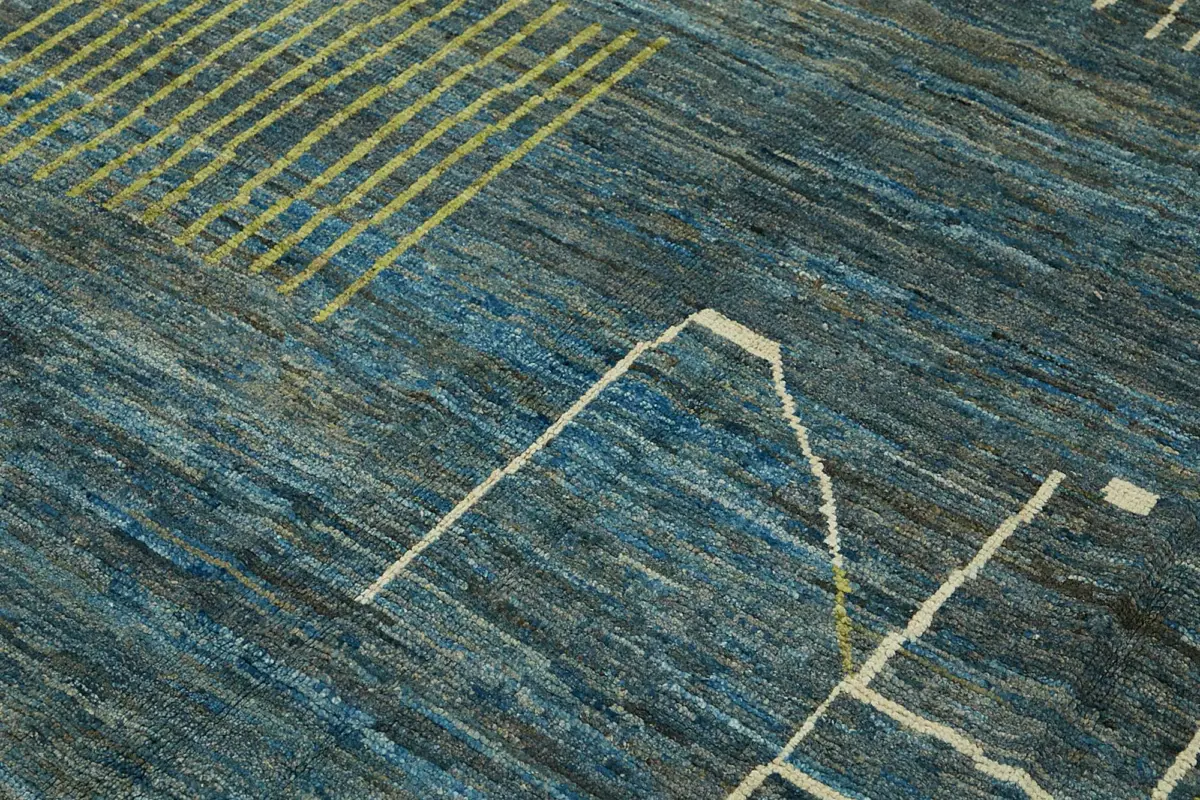 Tribal Modern Dizayn Mavi Pamuk Üzerine Yün El Dokuma Halı-219x307 - Görsel 5