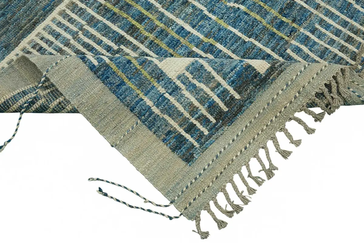 Tribal Modern Dizayn Mavi Pamuk Üzerine Yün El Dokuma Halı-219x307 - Görsel 6