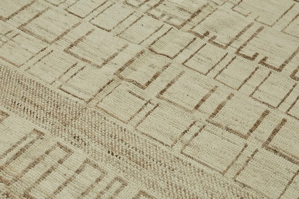 Tribal Modern Dizayn Bej Pamuk Üzerine Yün El Dokuma Halı-204x301 - Görsel 5