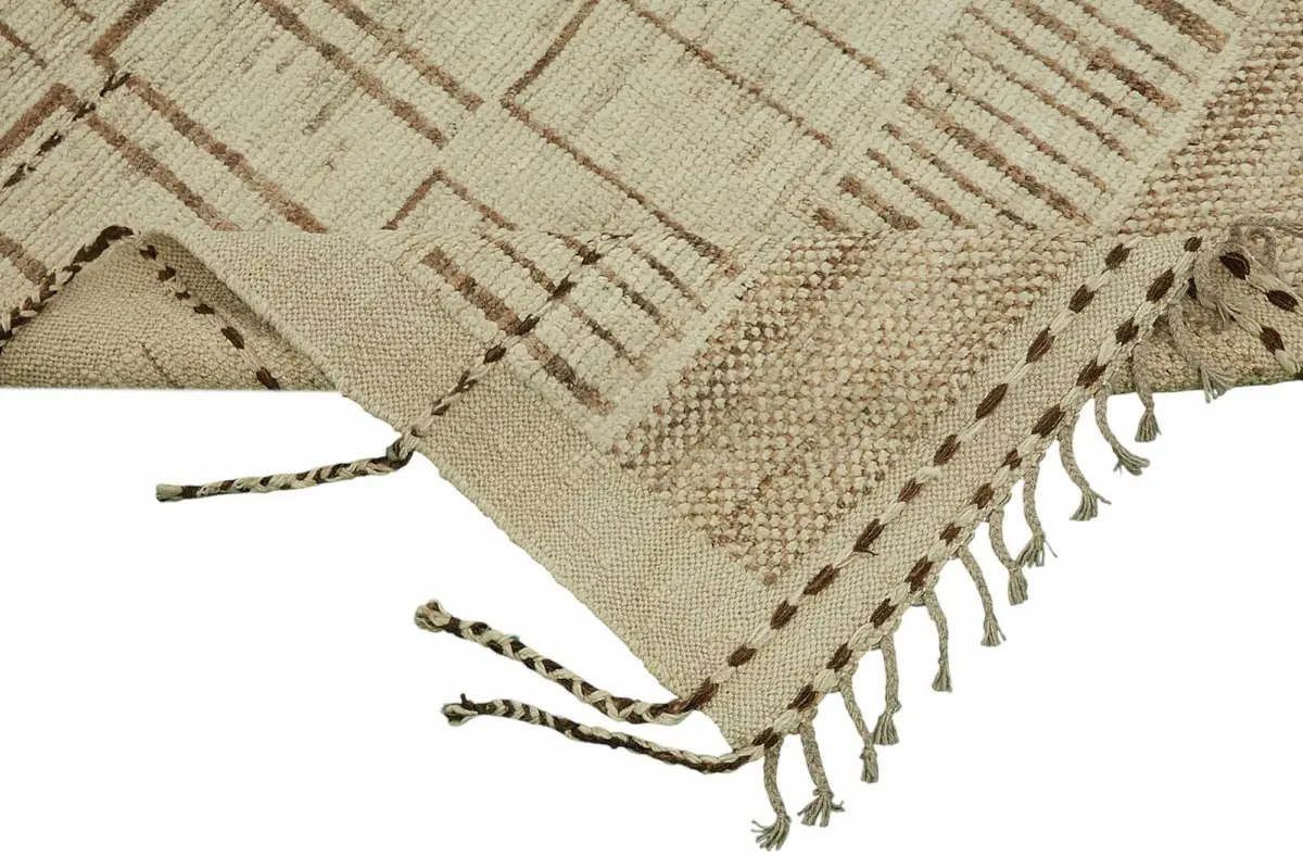 Tribal Modern Dizayn Bej Pamuk Üzerine Yün El Dokuma Halı-204x301 - Görsel 6