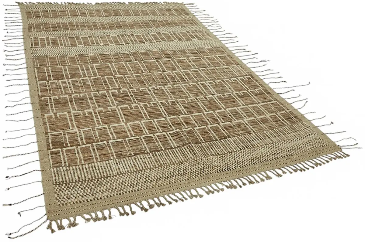 Tribal Modern Dizayn Bej Pamuk Üzerine Yün El Dokuma Halı-203x295 - Görsel 2