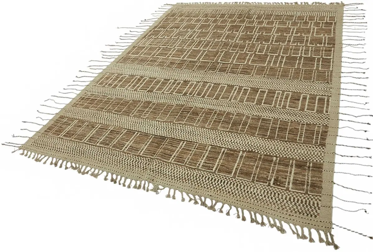 Tribal Modern Dizayn Bej Pamuk Üzerine Yün El Dokuma Halı-203x295 - Görsel 3