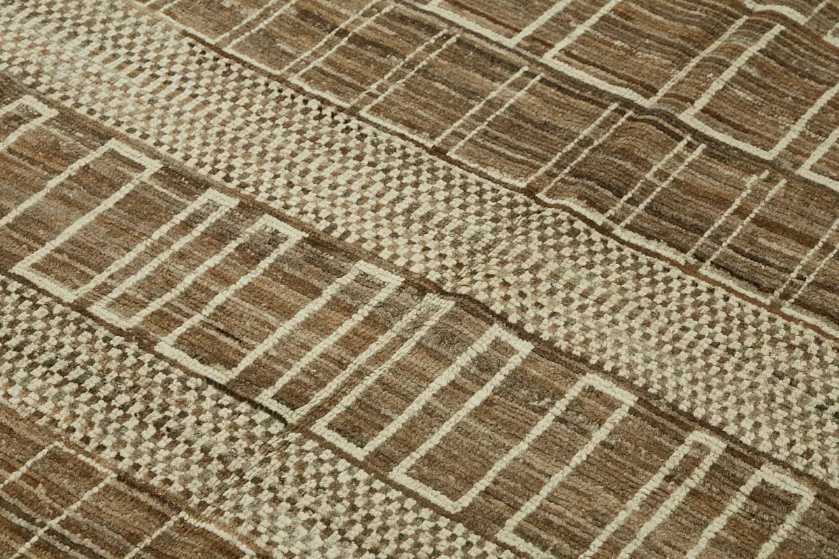 Tribal Modern Dizayn Bej Pamuk Üzerine Yün El Dokuma Halı-203x295 - Görsel 5