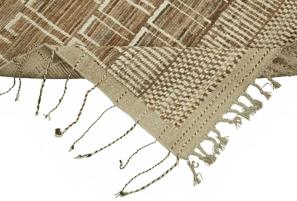 Tribal Modern Dizayn Bej Pamuk Üzerine Yün El Dokuma Halı-203x295 - Görsel 6