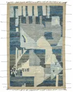 Tribal Modern Dizayn Mavi Pamuk Üzerine Yün El Dokuma Halı-204x305