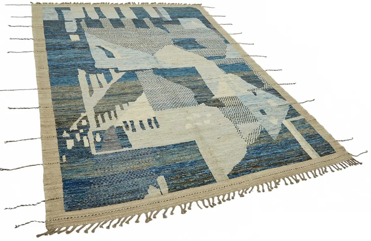 Tribal Modern Dizayn Mavi Pamuk Üzerine Yün El Dokuma Halı-204x305 - Görsel 2