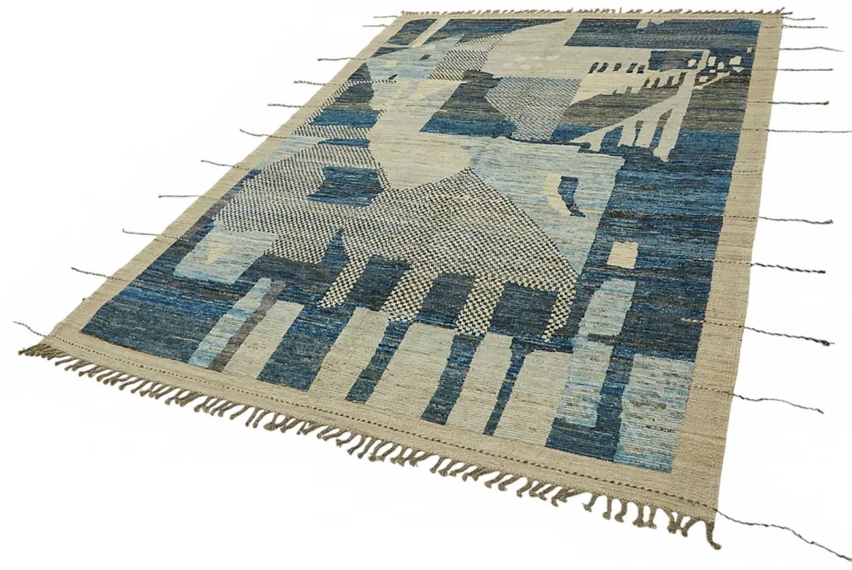 Tribal Modern Dizayn Mavi Pamuk Üzerine Yün El Dokuma Halı-204x305 - Görsel 3