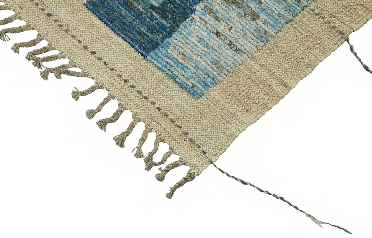 Tribal Modern Dizayn Mavi Pamuk Üzerine Yün El Dokuma Halı-204x305 - Görsel 4