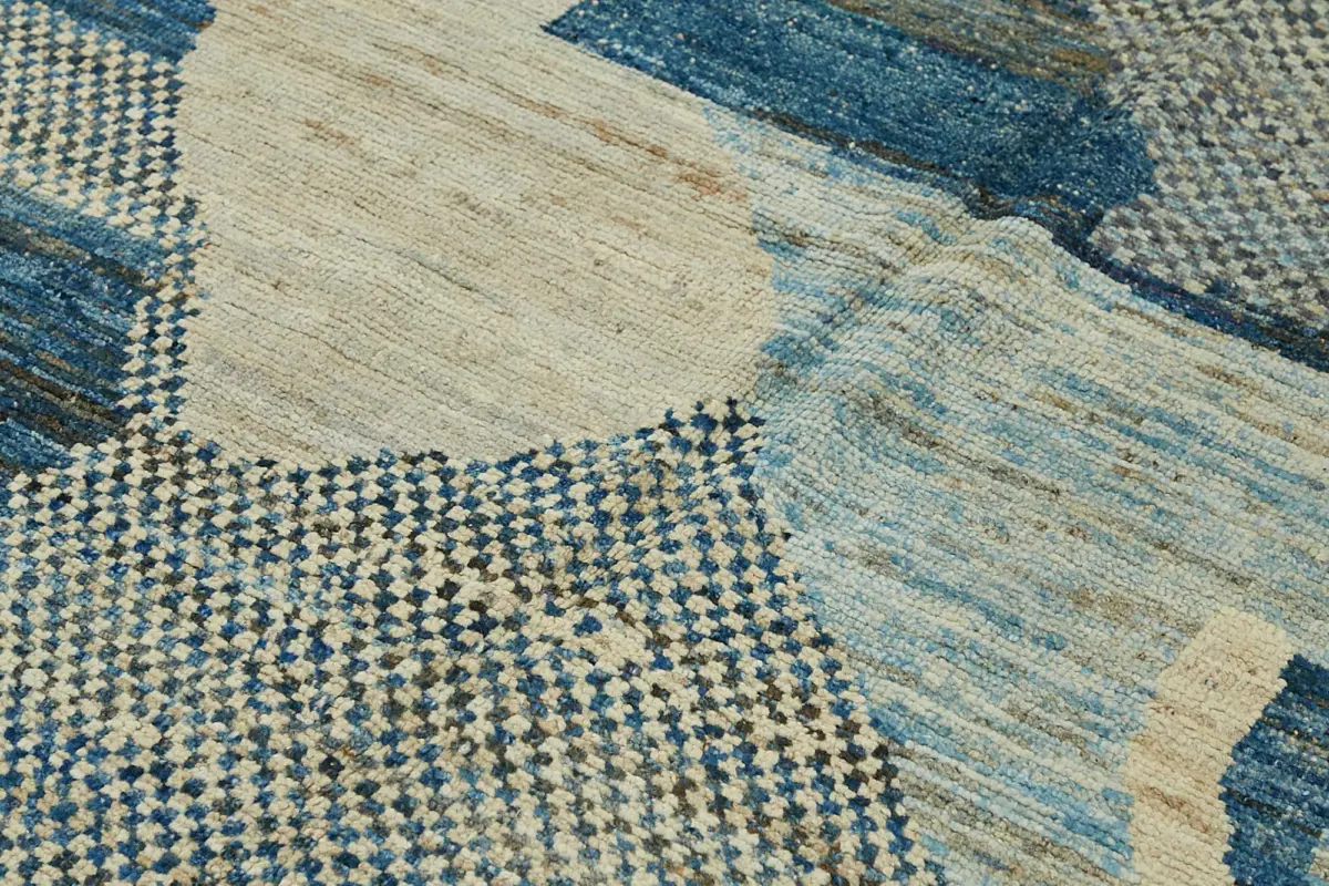 Tribal Modern Dizayn Mavi Pamuk Üzerine Yün El Dokuma Halı-204x305 - Görsel 5