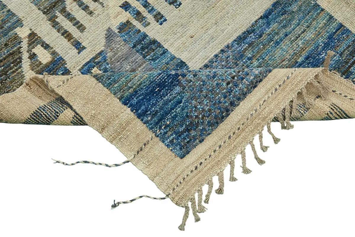 Tribal Modern Dizayn Mavi Pamuk Üzerine Yün El Dokuma Halı-204x305 - Görsel 6